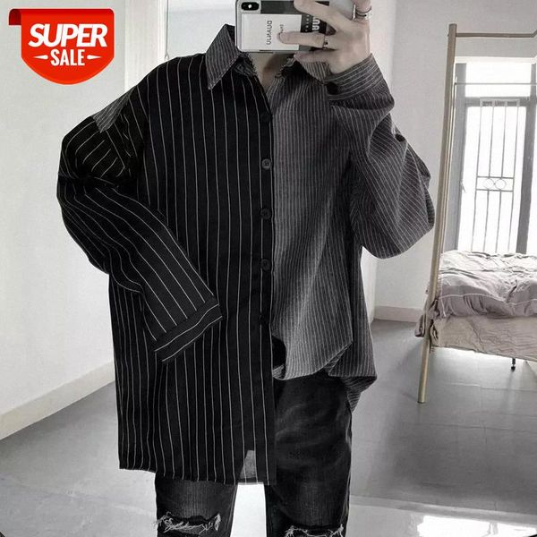 

2021 Spring BF Stripe Shirt Men Long Sleeve Blouse Patchwork Male Shirts Breathable Casual Hip Hop Strretwear Stripe Men Shirts #v528, White