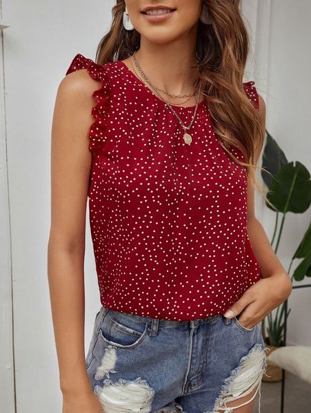 

polka dot print ruffle trim a59a#, White