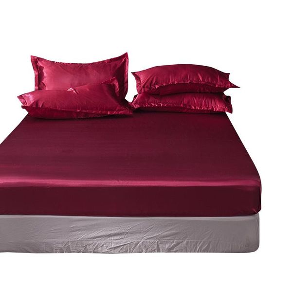 

sheets & sets red wine 100% satin silk fitted sheet luxury women girl bed mattress protector cover with elastic rubber band 1pc bedsheet
