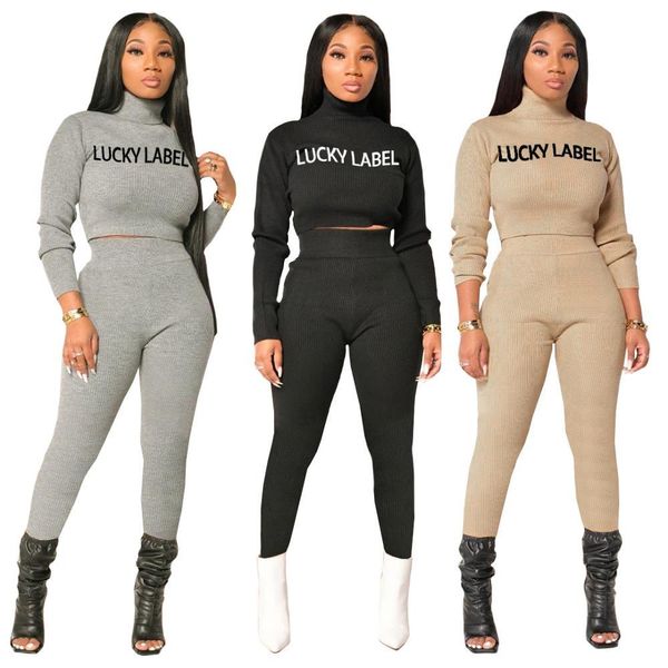 

2021 new rib embroidery lucky lable letter print turtleneck & leggings sweatpants knitted women two piece outfits winter 51bc, Gray