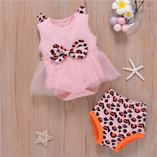 

clothing sets baby girls' triangle short sleeve romper + leopard print pant jumpsuit cute and sweet lace, White