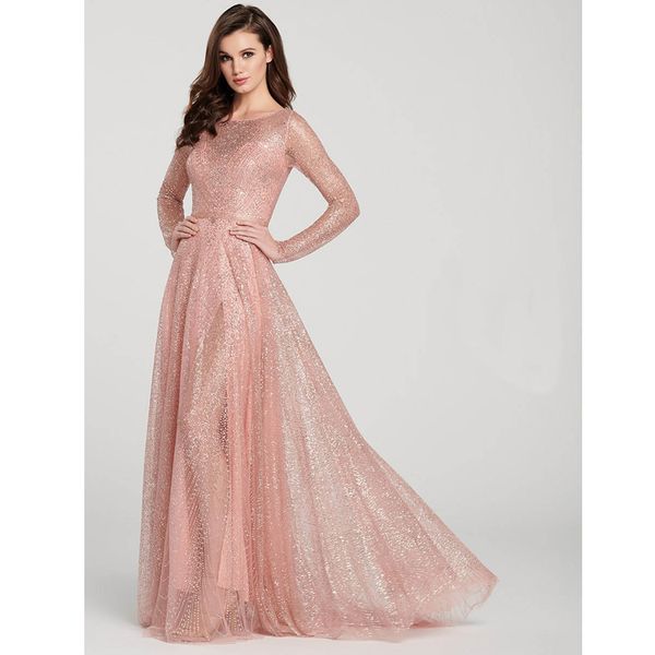 

sequined a-line jewel evening dresses floor-length pink long sleeves zipper-up glamorous 2021 spring formal gown, Black;red