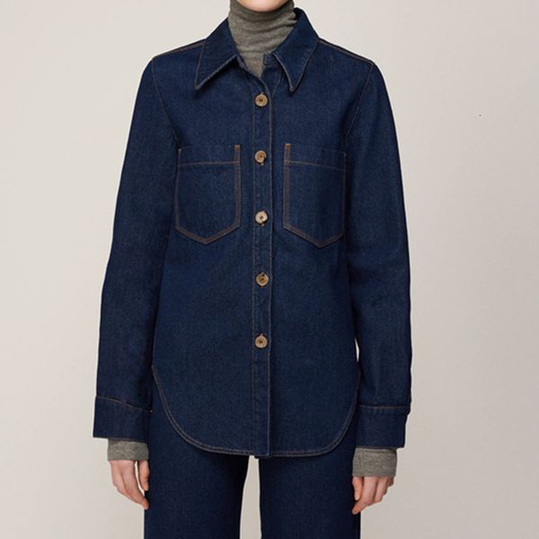 

2021 turn-down collar denim shirt women single breasted loose casual autumn new blouse p69m, Black