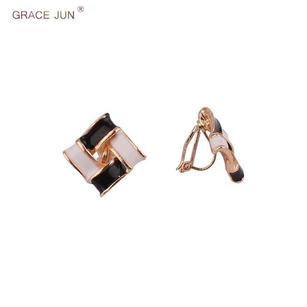 

clip-on & screw back grace jun 3 colors enamel square shape clip on earrings no pierced for women luxury cute geometric cuff charm jewelry, Silver
