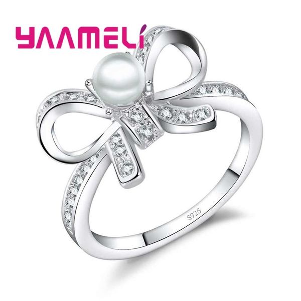 

cluster rings romantic zircon engagement for women 925 sterling silver wedding ring bowknot white pearl jewelry quality, Golden;silver