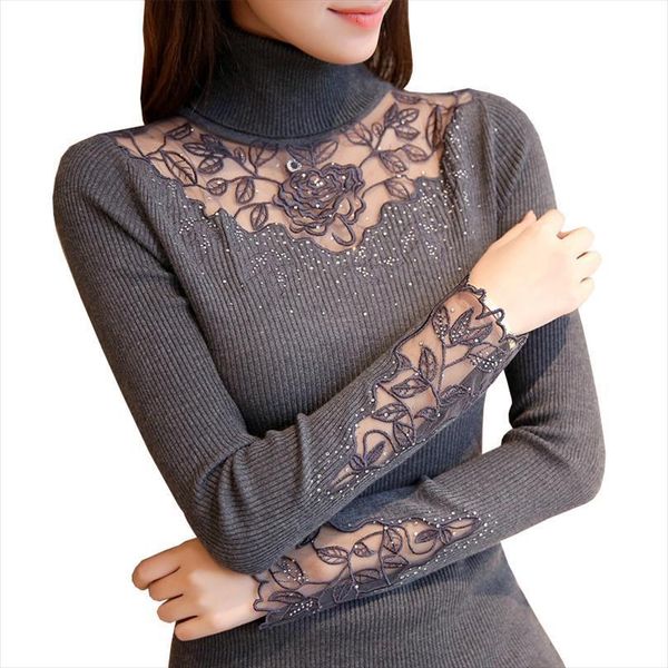 

women high elastic solid sweater turtleneck spring fashion slim lace bottoming knitted pullovers, White;black