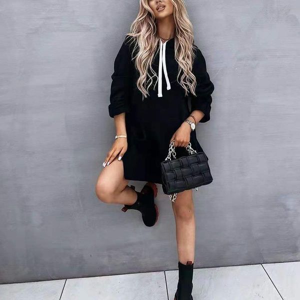 

casual dresses women drawcord split solid dress streetwear hooded sports autumn fashion long sleeve pocket loose sweatshirt, Black;gray