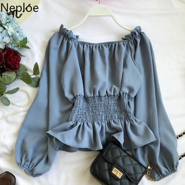

neploe vintage crop women shirts fashion blouses slash neck puff long sleeve blouse 2021 korean chic ruffles tunic blusas, White
