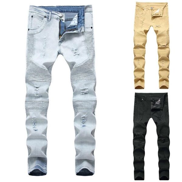 

men's jeans mens skinny stretch ripped denim slim fit zip biker trousers bottom pants, Blue