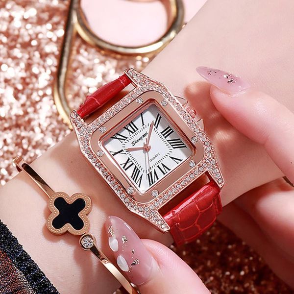 

wristwatches leather strap female student watch casual quartz fashion square rhinestone dial ladies relojes para mujer, Slivery;brown