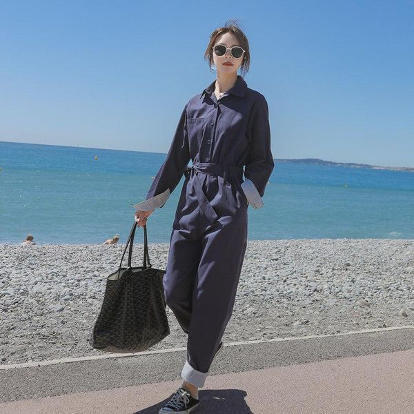 

women's jumpsuits & rompers 2021 spring and autumn japanese retro pure color lace fashion casual loose contrast overalls navy / yellow, Black;white