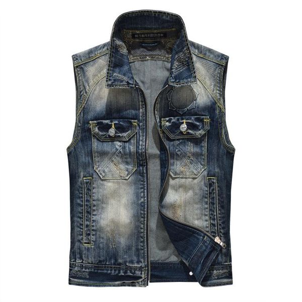 

men's vests autumn jacket european men lapel zipper motorcycle denim vest large size sleeveless slim jeans coats pocket, Black;white