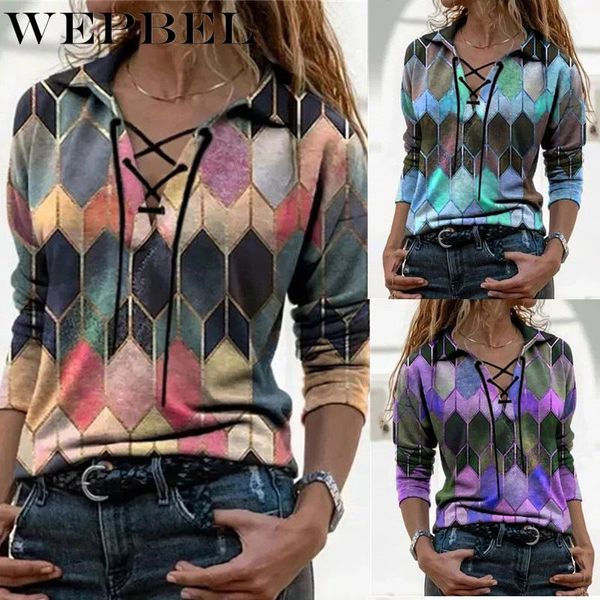 

women's t-shirt wepbel spring and autumn fashion printed loose casual long sleeve bandage v-neck pullover, White