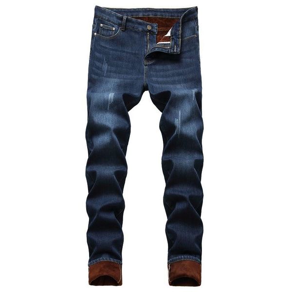 

men's jeans 2021 winter warm slim fit business fashion thicken denim trousers fleece stretch brand pants black blue