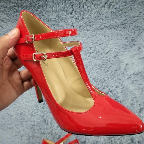 

dress shoes red patent pumps high heel party women spring summer pointed toe buckle t-strap stiletto 12cm heels, Black