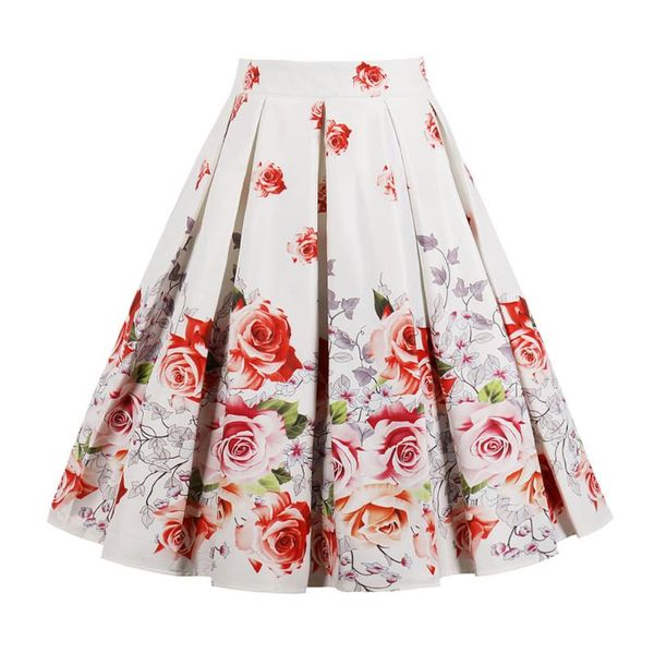 

skirts wipalo floral print vintage women plus size high waist knee-length casual ruffles midi a-line party skirt, Black