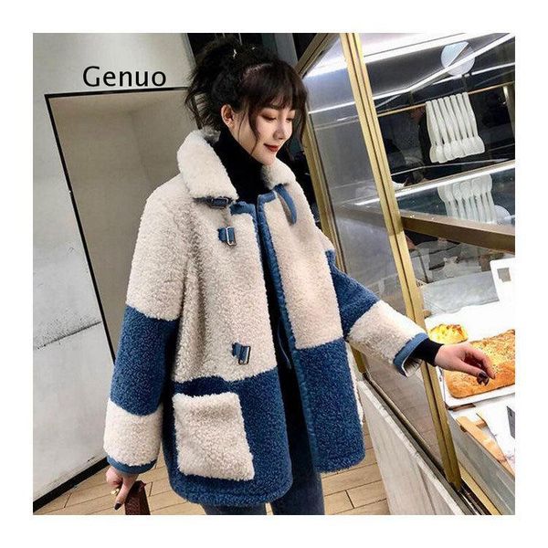 

elegant patchwork faux fur coat women winter warm soft double breasted fur jacket female plush overcoat with pocket, Black
