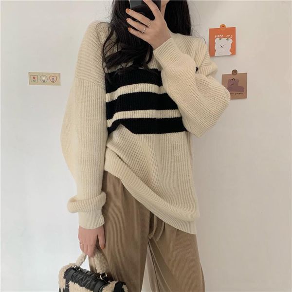

women's sweaters korean chic lazy style loose color matching versatile warm sweater early autumn trend in 2021, White;black