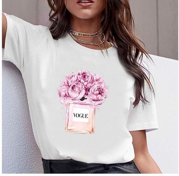 

woman t fasion shirt with vogue letters tee bottle flower print women's t-shirt, White