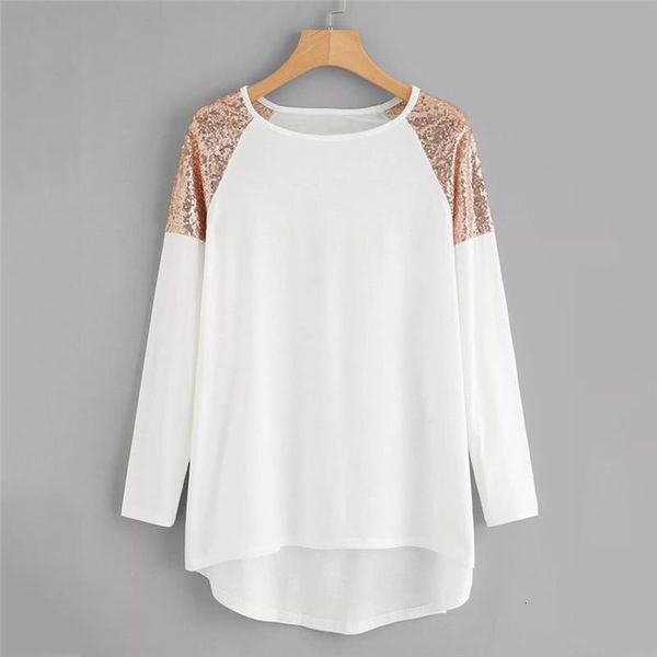 

plus size winter fashion women ladies t-shirt sequin patchwork bottoming long sleeve loose tank autumn casual clothes, White