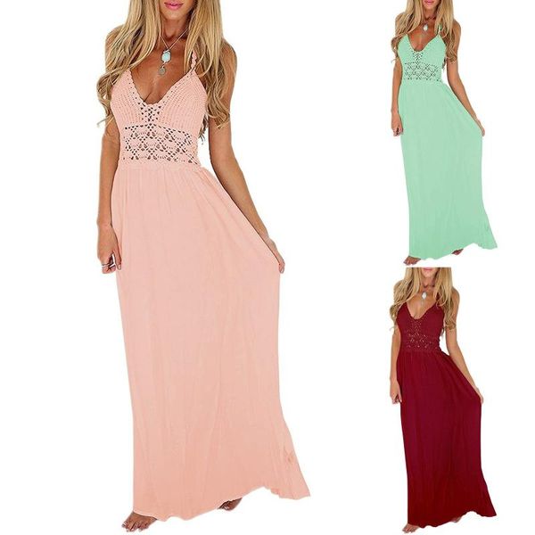 

casual dresses women's elegant lace beach soild color crochet backless sundress halter maxi long party dress robe longue femme, Black;gray