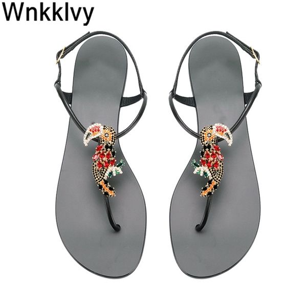

flat sandals women summer chic fairy slippers rhinestone flipflops crystal clip toe beach vacation seaside shoes female, Black