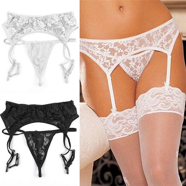 

lady lace jarretelle jarretellebelt lingerie g-string thong set kous belt, Black;white