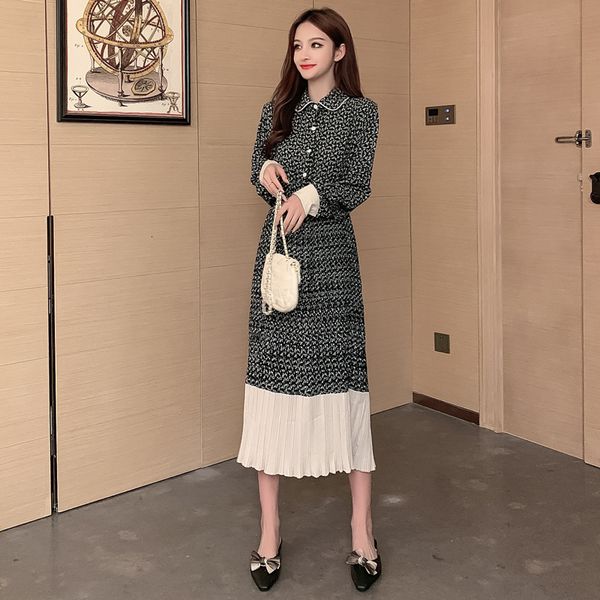 

female 2021 new autumn chiffon plissate dress of medium length buic, Black;pink
