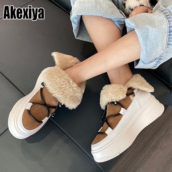 

boots genuine leather women snow winter platform shoes ankle for non-slip keep warm wool women's sneakers p439, Black