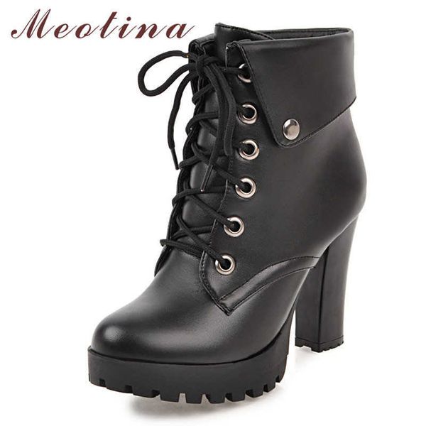

meotina women boots winter ankle boots pu leather thick heel short boots lace up super high heel shoes female big size 34-43 210608, Black