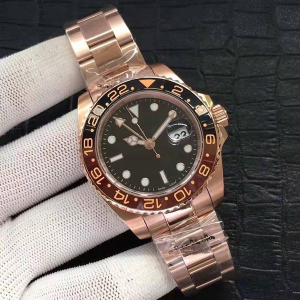 

2022 new model ceramic bezel watch stainless steel strap gmt ii cerachrom black - brown 40mm automatic rose gold men watches, Slivery;brown