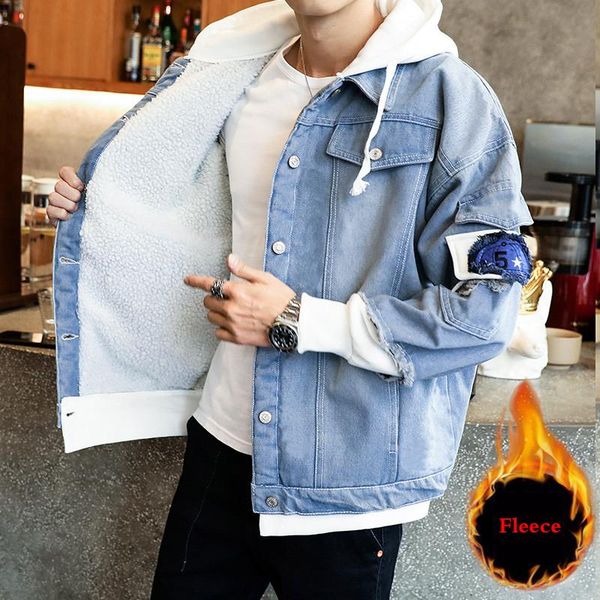 

men's jackets men 2021 autumn and winter fleece retro blue denim hooded jacket slim button personality fashion, Black;brown