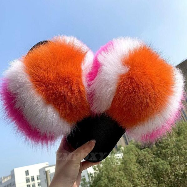 

fur slides fluffy plush raccoon fur slippers for women home cute furry flat sandals female amazing luxury fuzzy shoes, Black