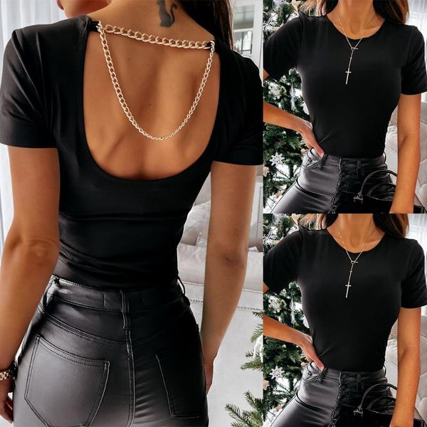 

women's t-shirt 2021 summer women slim t shirt solid black short sleeve backless ladies casual chain tee fashion streetwear clothe, White