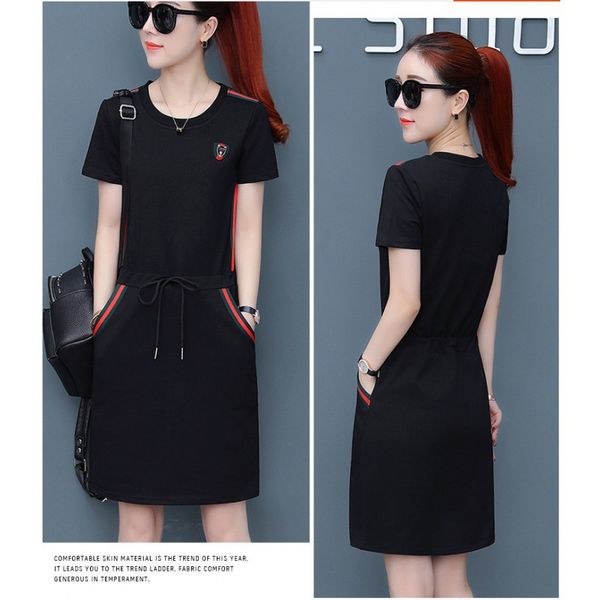 

new women's casual dress summer round neck fashion short-sleeved slim mid-length hedging skirt, Black;gray