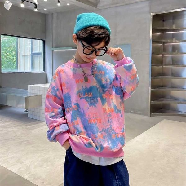 Felpa con o-collo per bambini per ragazzo Cappotto causale con stampa tie-dye per la primavera autunno T-shirt in cotone a maniche lunghe per bambini età 5-14 T 211111