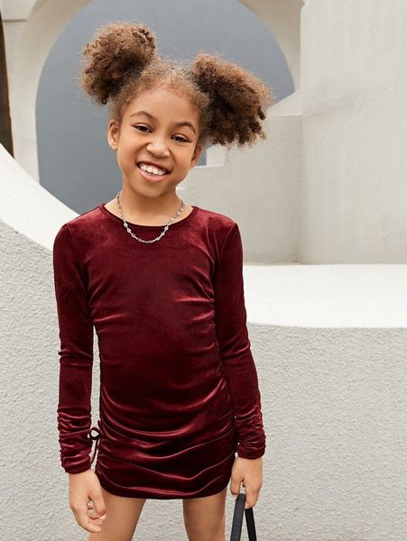 

girls 1pc drawstring side ruched velvet dress she, Red;yellow