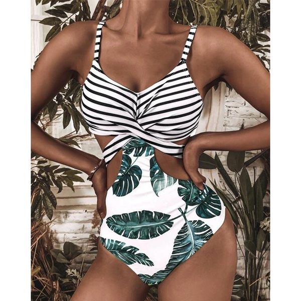 

coobbu striped print one piece swimsuit women hollowed swimwear push up bathing suit swimming monokini beach one-piece suits