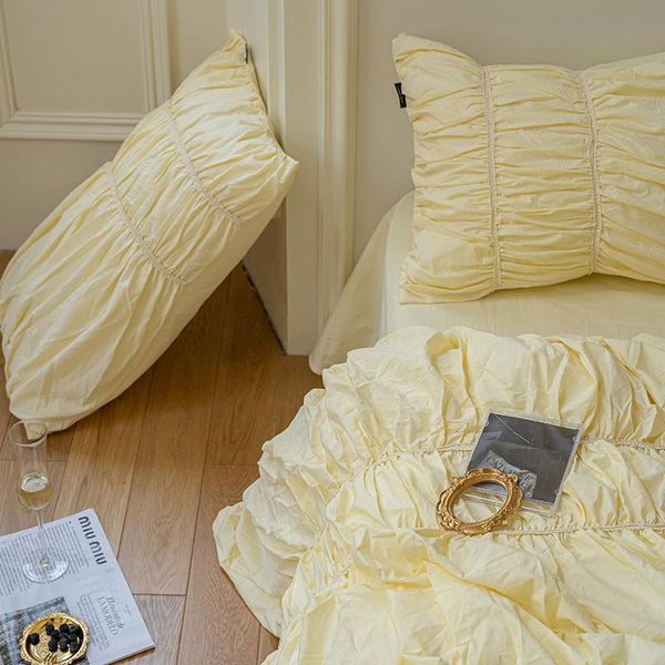 

bedding sets french washed cotton fold bubble set cheese yellow twin/ size sheet pillowcase duvet cover 4pcs for home decor