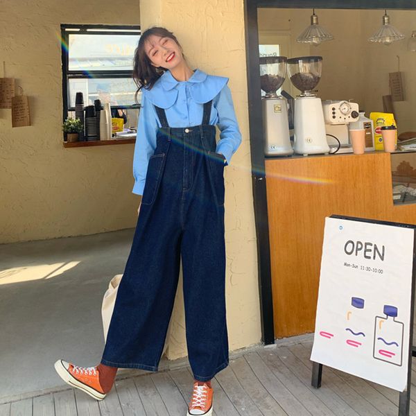 

new jeans 2021 autumn blue wide leg pants trousers jumpsuit korean casual loose denim overalls womens (72732 1358, Black;brown