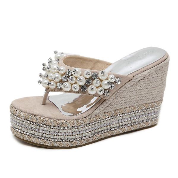 

4cm platform wedges sandals summer women crystal 10.5cm high heels flip flop slides female pearl slippers beach dress shoes, Black