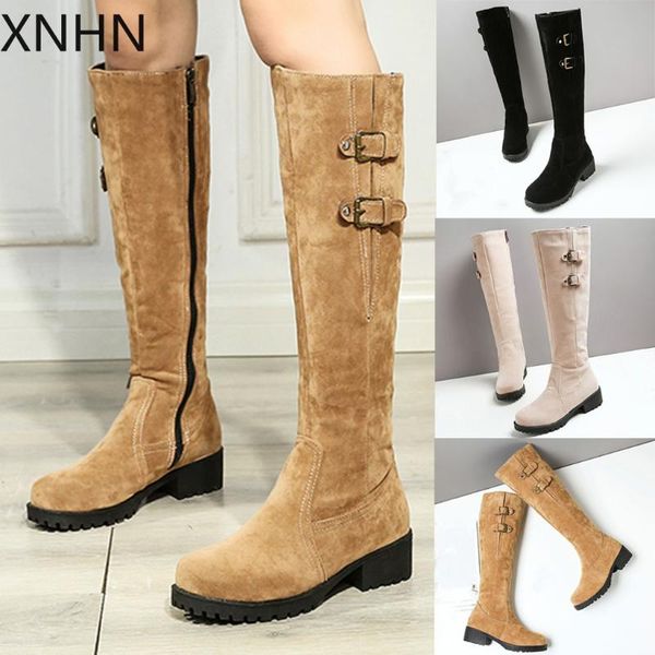 

boots knees high pure color round toe zipper shoes women chunky heels vintage platform with thick scrub botas mujer, Black