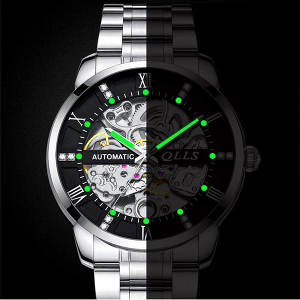 

wristwatches qlls automatic mechanical men's watch transparent stainless steel luxury luminous men skeleton waterproof watches, Slivery;brown