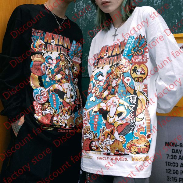 

vegorrs autumn and winter new yuansufeng cartoon two dimensional beautiful girl loose long sleeve round neck t-shirt for men and women, White;black