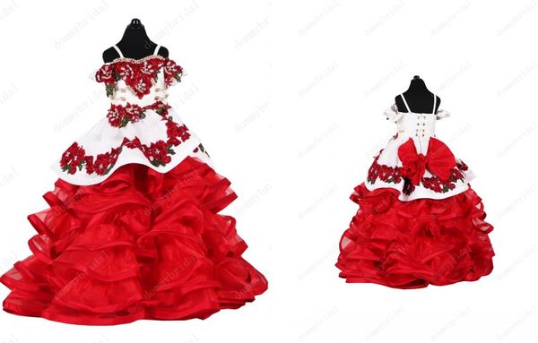 

pretty red and white 3d floral flowers little girls pageant dress 2022 mexican charra ball gown flower girl first communion dress, White;red