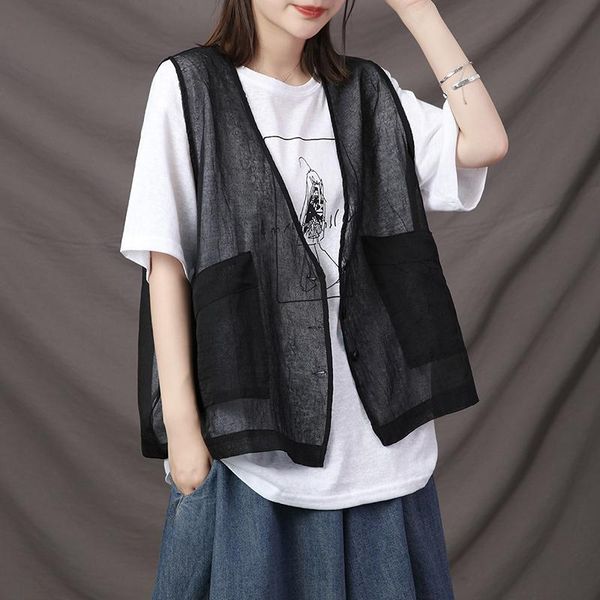 

women's vests cotton linen women summer vintage 2021 loose v-neck solid lightweight see through pocket female outwear coats, Black;white