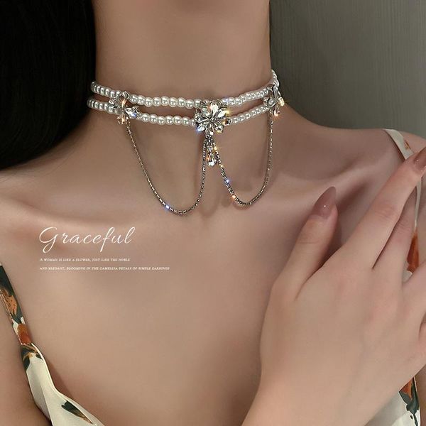 

chokers korean fashion simple personality neck chain with diamond freshwater pearl net red clavicle, Golden;silver