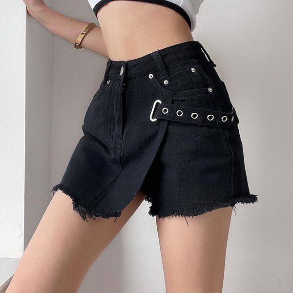 

skirts women ladies frayed aline skirt vintage solid color oblique buckle chic wild asymmetric mini streetwear, Black