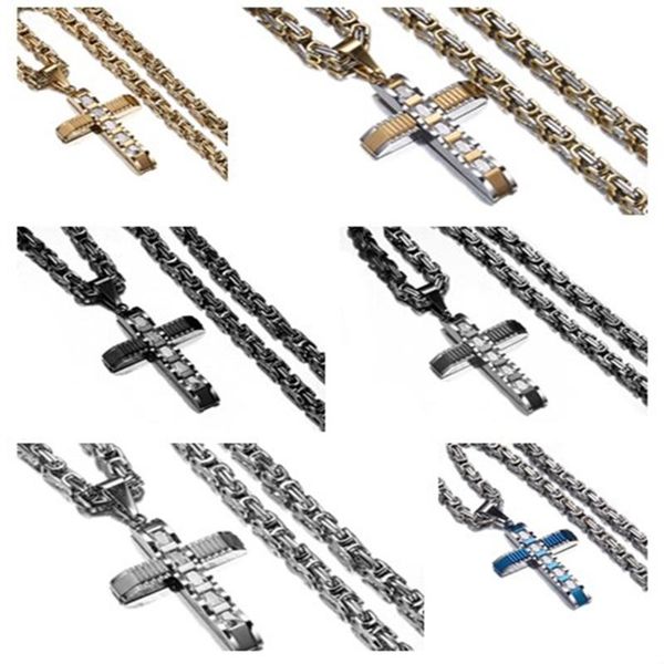 

pendant necklaces fashion men women 316l stainless steel jesus cross with rhinestone necklace jewelry gift byzantine box chain 20-40inch-, Silver