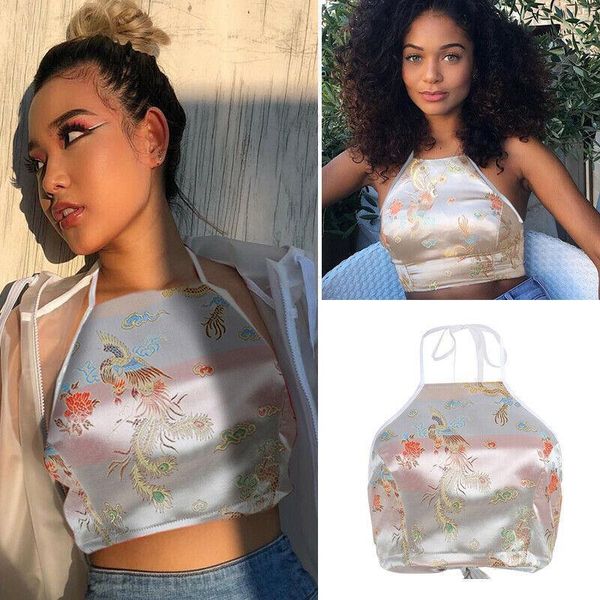 

tank 2021 new women chinese style dragon phoenix embroidery vest bandage sleeveless crop tee tank, White
